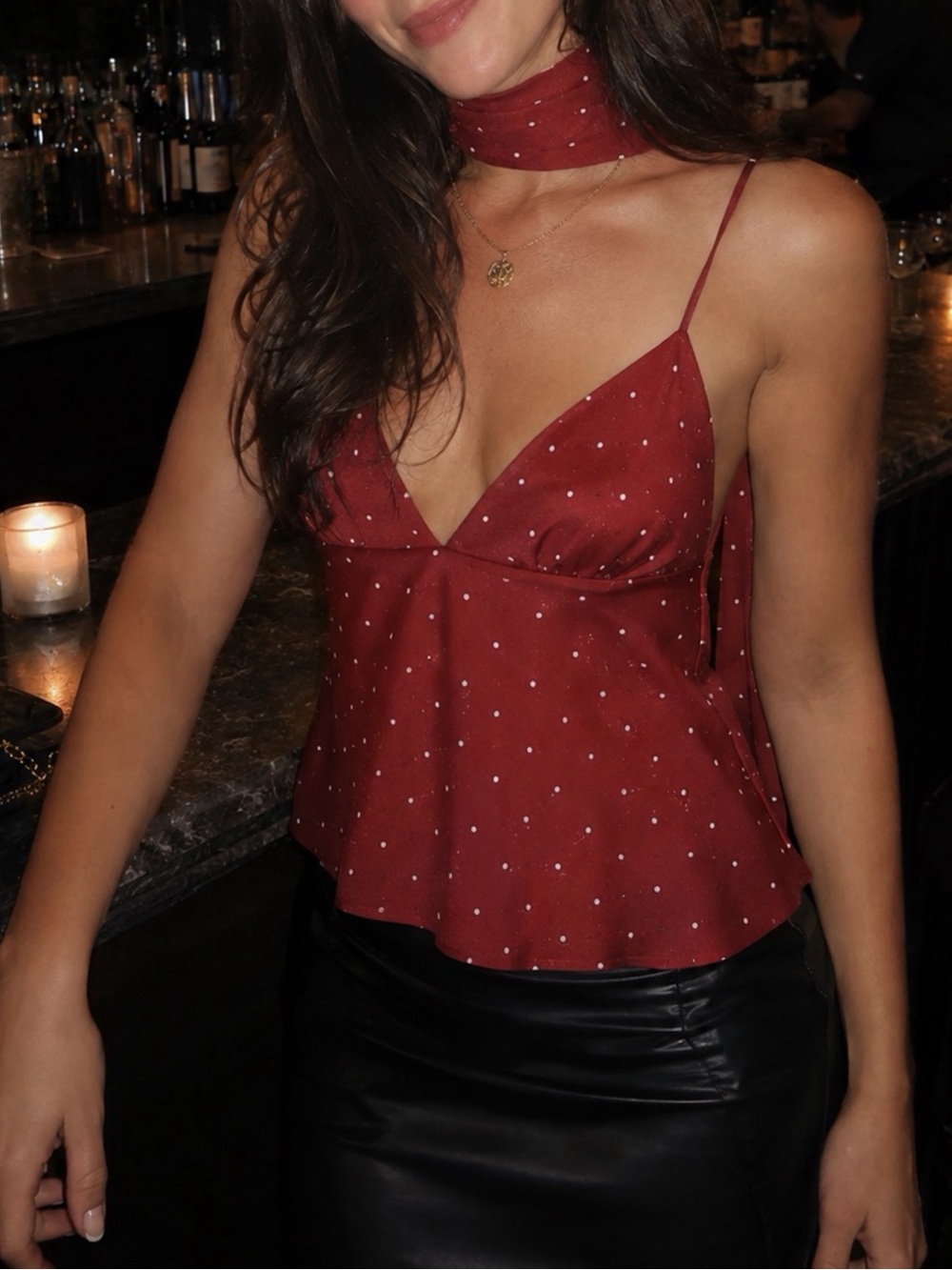Anthropologie Maeve Clara Scarf-Neck Cami Burgundy Polka Dot Satin Top